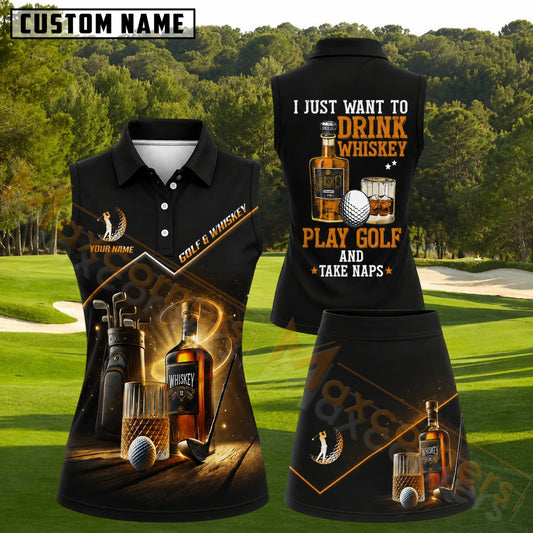 Maxcorners Black Whiskey Bottle And Golf Personalized Name 3D Golf Shirt and Golf Skirt