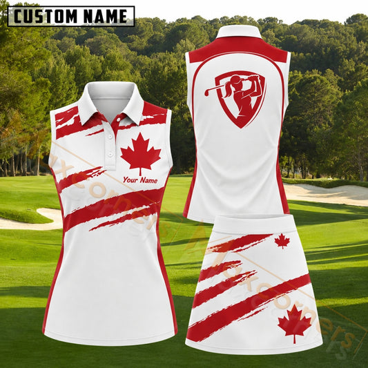 Maxcorners Red Maple Leaf Canada Golf Personalized Name 3D Golf Shirt and Golf Skirt