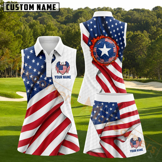 Maxcorners American Flag Flaming Golf Ball Golf Personalized Name 3D Golf Shirt and Golf Skirt