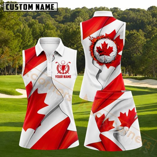 Maxcorners Red White Canada Maple Leaf Golf Personalized Name 3D Golf Shirt and Golf Skirt