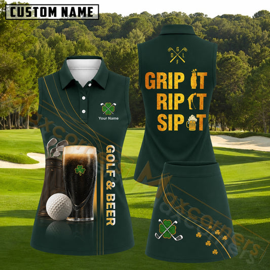 Maxcorners Dark Green Beer And Golf Personalized Name 3D Golf Shirt and Golf Skirt