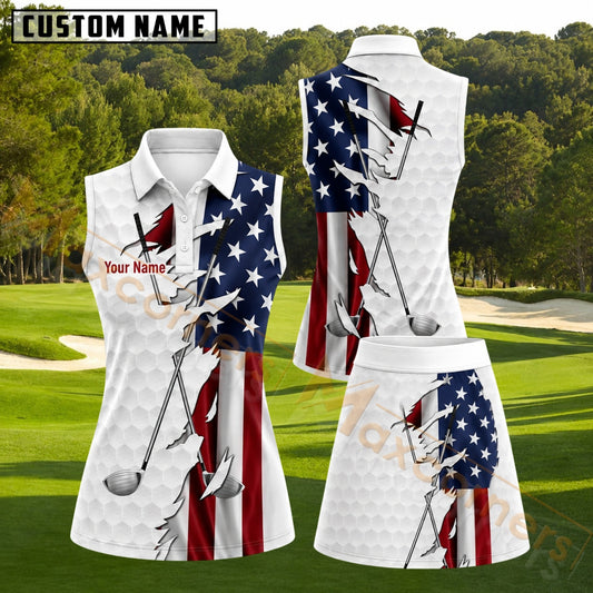 Maxcorners Ripped USA Flag Golf Personalized Name 3D Golf Shirt and Golf Skirt