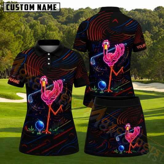 Maxcorners Neon Pink Flamingo Personalized Name 3D Golf Shirt and Skirt