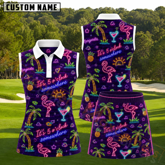 Maxcorners Purple Neon Flamingo Margarita Tropical Pattern 3D Golf Shirt and Skirt (No Personalized Name)