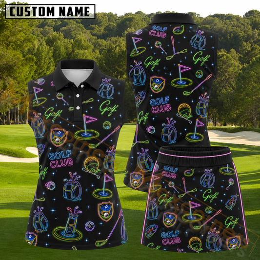 Maxcorners Black Multicolor Neon Golf Club Pattern 3D Golf Shirt and Skirt (No Personalized Name)