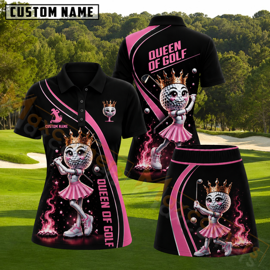 Maxcorners Black and Pink Queen of Golf Crowned Golf Ball Personalized Name 3D Golf Shirt and Skirt