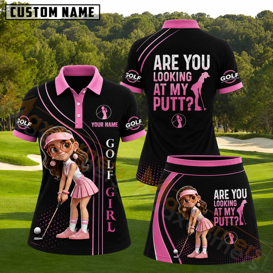 Maxcorners Black Pink Are You Looking At My Putt Personalized Name 3D Golf Shirt and Skirt