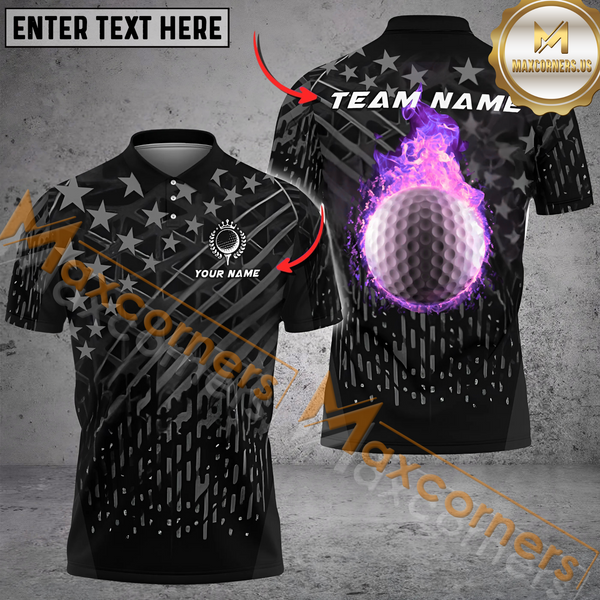 Maxcorners Golf Fire US Black Flag Multicolor Option Customized Name, Team Name 3D Polo Shirt