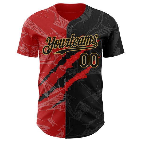 Maxcorners Custom Graffiti Pattern Black Red-Old Gold 3D Scratch Premium Baseball Jersey LM0210