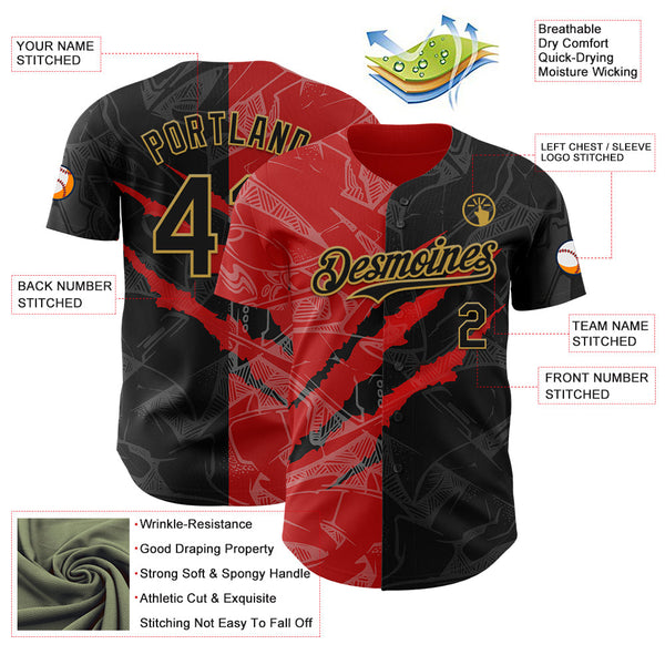 Maxcorners Custom Graffiti Pattern Black Red-Old Gold 3D Scratch Premium Baseball Jersey LM0210