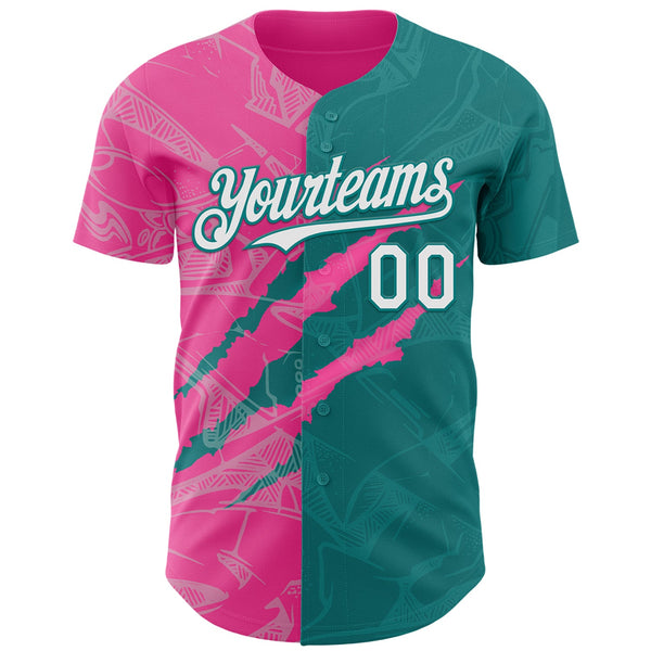 Maxcorners Custom Graffiti Pattern White Teal-Pink 3D Scratch Premium Baseball Jersey LM0210