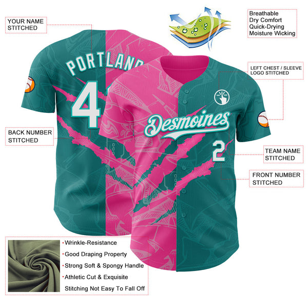 Maxcorners Custom Graffiti Pattern White Teal-Pink 3D Scratch Premium Baseball Jersey LM0210