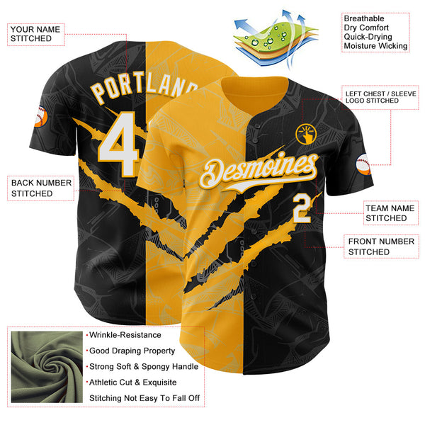 Maxcorners Custom Graffiti Pattern White Black-Gold 3D Scratch Premium Baseball Jersey LM0210