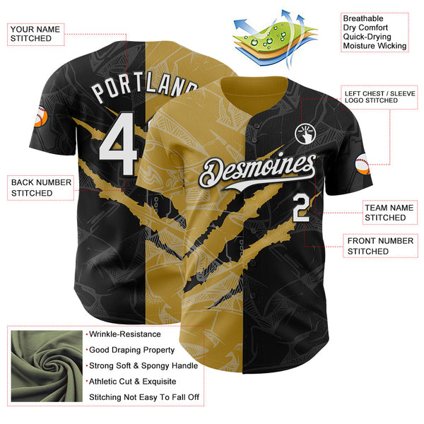 Maxcorners Custom Graffiti Pattern White Black-Old Gold 3D Scratch Premium Baseball Jerseys LM0210