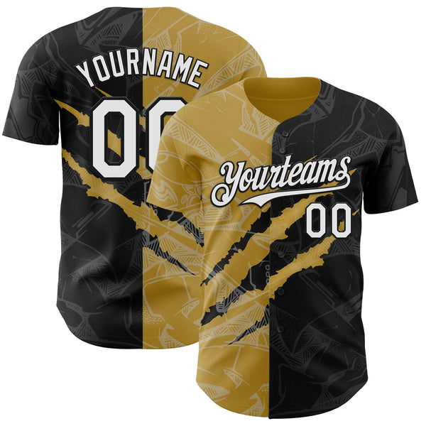 Maxcorners Custom Graffiti Pattern White Black-Old Gold 3D Scratch Premium Baseball Jerseys LM0210