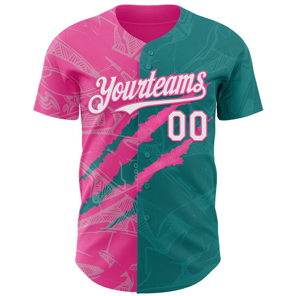 Maxcorners Custom Graffiti Pattern White Teal-Pink 3D Scratch Premium Baseball Jerseys LM0210
