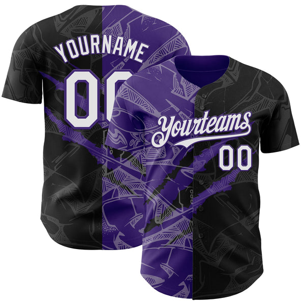 Maxcorners Custom Graffiti Pattern White Black-Purple 3D Scratch Premium Baseball Jersey LM0210