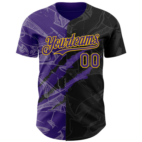 Maxcorners Custom Graffiti Pattern Purple Black-Yellow 3D Scratch Premium Baseball Jersey LM0210