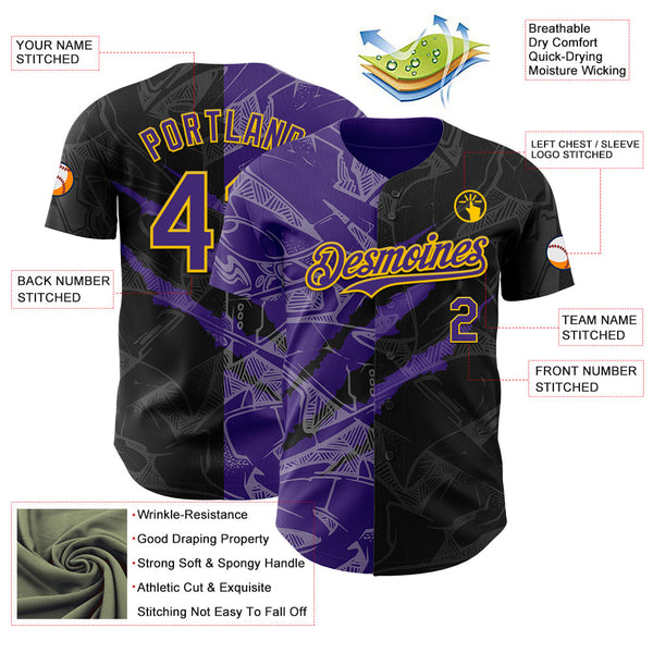 Maxcorners Custom Graffiti Pattern Purple Black-Yellow 3D Scratch Premium Baseball Jersey LM0210