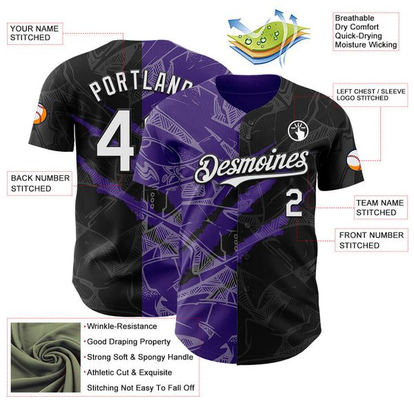 Maxcorners Custom Graffiti Pattern White Black-Purple 3D Scratch Premium Baseball Jerseys LM0210