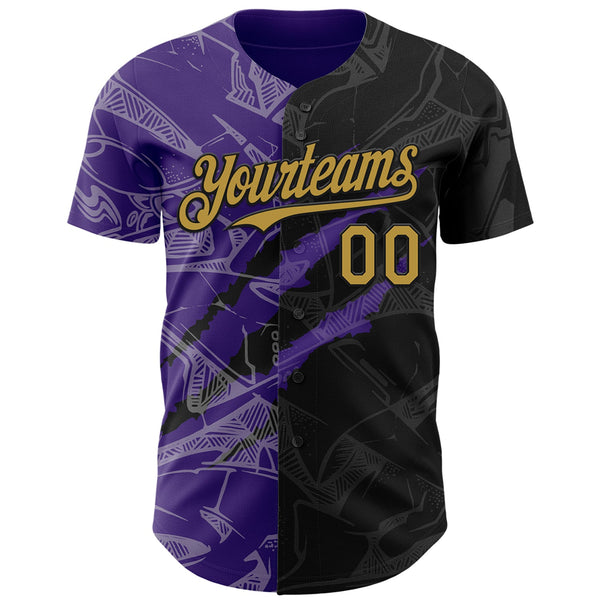 Maxcorners Custom Graffiti Pattern Old Gold Black-Purple 3D Scratch Premium Baseball Jersey LM0210