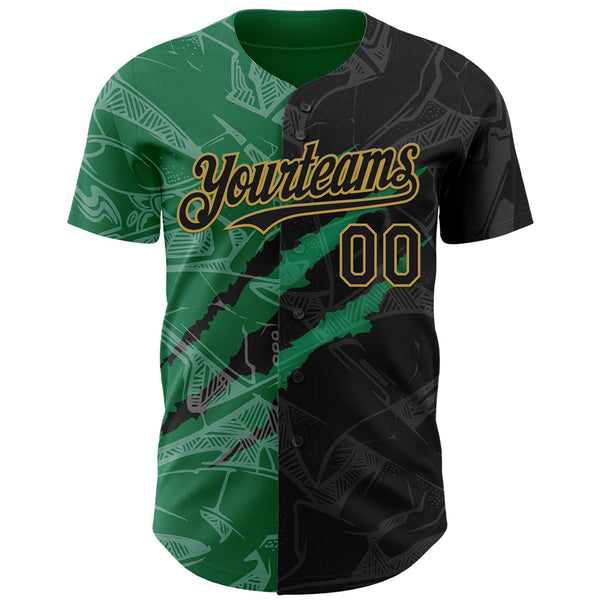 Maxcorners Custom Graffiti Pattern Black Kelly Green-Old Gold 3D Scratch Premium Baseball Jersey LM0210