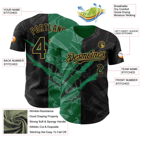 Maxcorners Custom Graffiti Pattern Black Kelly Green-Old Gold 3D Scratch Premium Baseball Jersey LM0210
