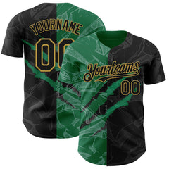 Maxcorners Custom Graffiti Pattern Black Kelly Green-Old Gold 3D Scratch Premium Baseball Jersey LM0210