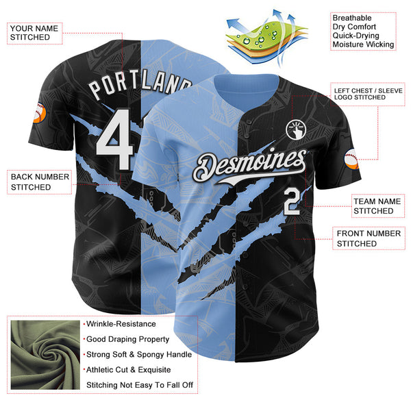 Maxcorners Custom Graffiti Pattern White Black-Light Blue 3D Scratch Premium Baseball Jerseys LM0210