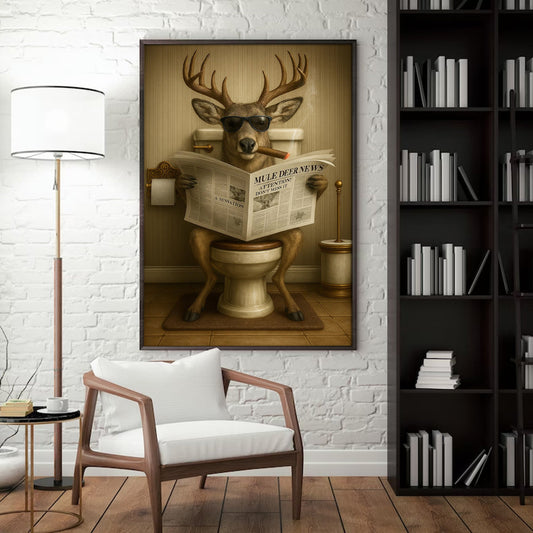 Maxcorners Funny Mule Deer Newspaper Bathroom Canvas Wall Art – Wildlife Animal Poster - Unique Gift for Dad, Hunters & Outdoorsmen