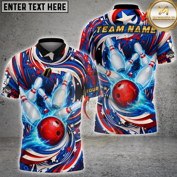 Maxcorners Bowling Patriotic Swirl Bowling Ball Pins Design Multicolor Customized Name Team Name 3D Shirts