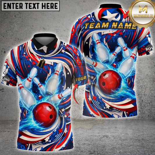 Maxcorners Bowling Patriotic Swirl Bowling Ball Pins Design Multicolor Customized Name Team Name 3D Shirts