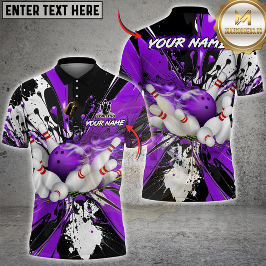 Maxcorners Bowling Black Paint Splash Bowling Ball Pins Design Multicolor Customized Name Team Name 3D Shirts