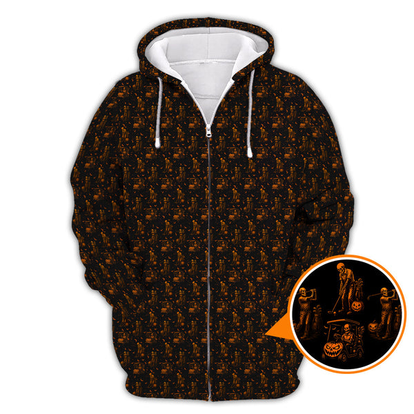 Maxcorners Halloween Skeleton Golf Shirt, Funny Pattern Golf Polos For Men, Spooky Golf Cart & Pumpkin Shirts