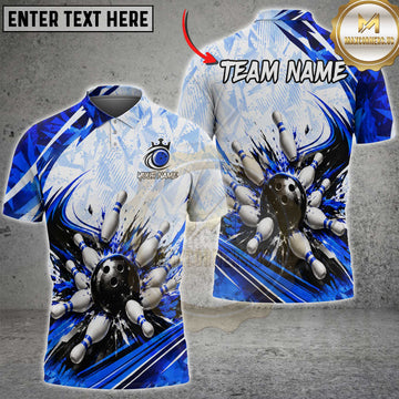 Maxcorners Bowling Exploding Strike Pins Abstract Blue White Geometric Multi Options Personalized Name, Team Name Unisex 3D Shirt (8 Colors)