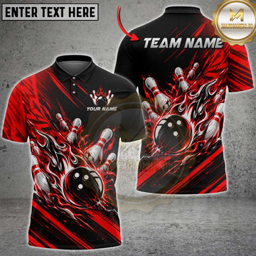 Maxcorners Bowling Fire Flames Explosion Red Black Splash Multi Options Personalized Name, Team Name Unisex 3D Shirt (8 Colors)