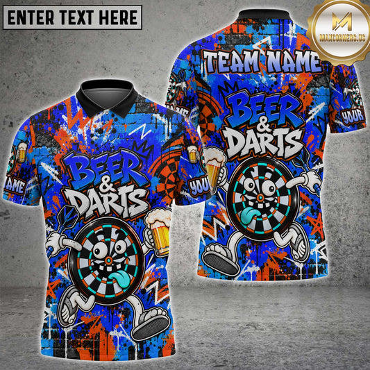 Maxcorners Darts Funny Cartoon Dartboard Mascot Beer & Darts Graffiti Splatter Blue Orange Custom Team Name Personalized Name 3D Polo Shirt
