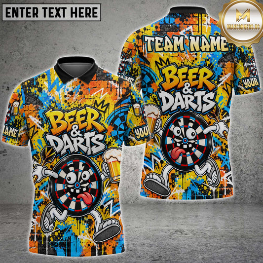 Maxcorners Darts Funny Cartoon Dartboard Mascot Beer & Darts Graffiti Splatter Blue Orange Custom Team Name Personalized Name 3D Polo Shirt