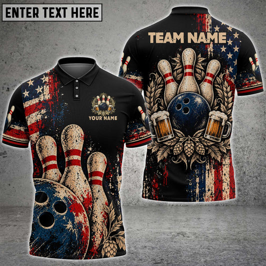 Maxcorners Bowling Patriotic American Flag USA Paint Splatter Vintage Beer Mugs Hop Flowers Bowling Ball Pins Multi Options Personalized Name, Team Name Unisex 3D Shirt (2 Colors)