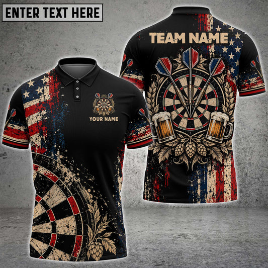 Maxcorners Darts Patriotic American Flag USA Paint Splatter Vintage Beer Mugs Hop Flowers Darts Dartboard Target Bullseye Multi Options Personalized Name, Team Name Unisex 3D Shirt (2 Colors)