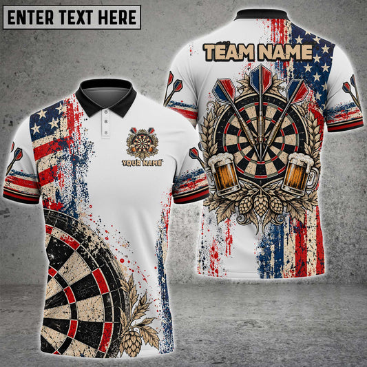 Maxcorners Darts Patriotic American Flag USA Paint Splatter Vintage Beer Mugs Hop Flowers Darts Dartboard Target Bullseye Multi Options Personalized Name, Team Name Unisex 3D Shirt (2 Colors)