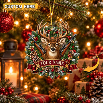 Maxcorners Hunting Antler Animal Head Crossed Rifles Pine Needles Holly Berries Wreath Banner Personalized Christmas Ornament