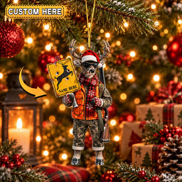 Maxcorners Hunting Antler Hunter Animal Wearing Camo Vest Scarf Beanie Sunglasses Holding Rifle Bullet Holes Warning Sign Personalized Christmas Ornament
