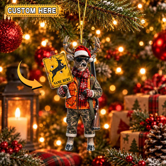 Maxcorners Hunting Antler Hunter Animal Wearing Camo Vest Scarf Beanie Sunglasses Holding Rifle Bullet Holes Warning Sign Personalized Christmas Ornament