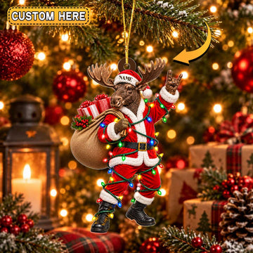 Maxcorners Hunting Horned Wildlife Animal Wearing Santa Claus Costume Wrapped in String Lights Bag of Presents Personalized Christmas Ornament