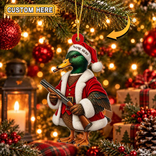 Maxcorners Hunting Wild Waterfowl Wearing Santa Hat Suit Cigar Holding Rifle Shotgun Personalized Christmas Ornament