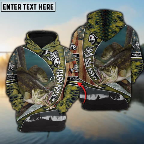 Maxcorners Personalized Bass Fishing American Skull 3D Hoodie