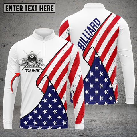 Maxcorners Billiards Ball 8 Skull American Flag Personalized Long Sleeve Zipper Polo Shirt