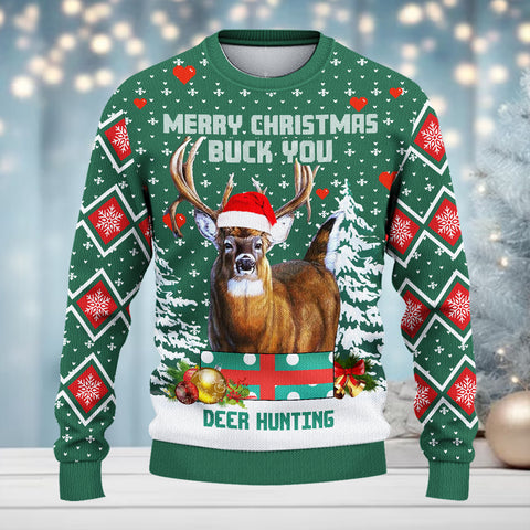 Maxcorners Deer Hunting Green Merry Christmas All Over Print Sweater