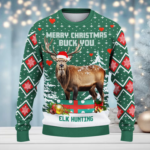 Maxcorners Elk Hunting Green Merry Christmas All Over Print Sweater